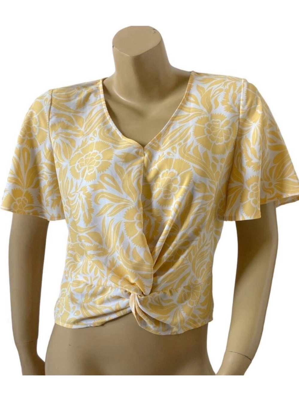 Ann Taylor Loft Outlet Womens XS Yellow Floral Twist Front Cropped Blouse Top